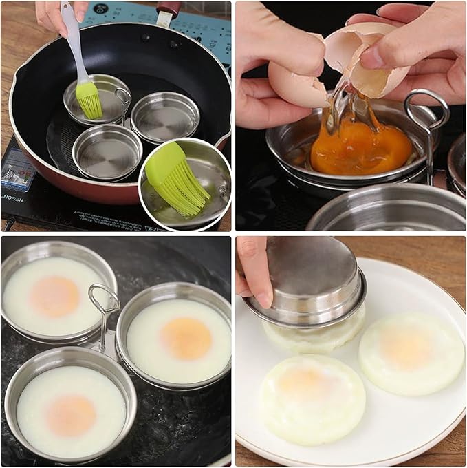 Stainless Steel Egg Poacher - 3 Cup Nonstick Poached Egg Maker with Oil Brush and Spoon for Breakfast