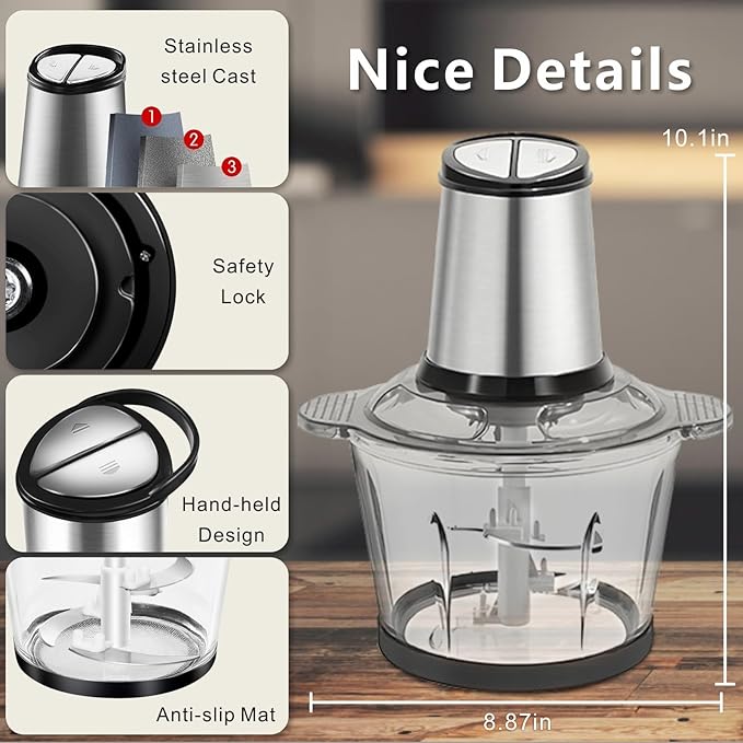 Electric Food Processor, 450W Meat Grinder Vegetable Chopper with 8cup/2L Glass Bowl, Electric Meat Chopper Veggie Cutter with 2 Speeds＆4 Blades, Kitchen Blender Mixer for Baby Food Puree,Garlic,Onion