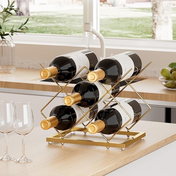 Urban Deco Gold Wine Rack Small Countertop for Cabinets – 5 Wine Holder Countertop Stylish and Compact Small Wine Racks