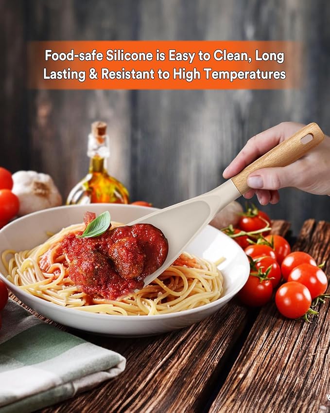 Cooking Spoon for Nonstick Cookwares, Great for Cooking and Serving Sturdy BPA-Free Matte Silicone, Wood Handle Spoon for Mixing, Scoop, and Scrape (Khaki)