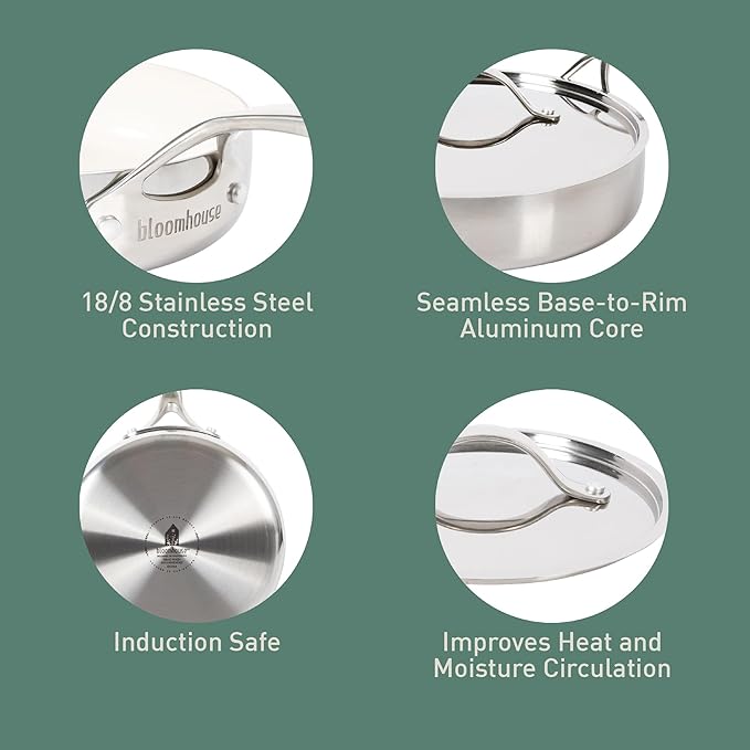 Bloomhouse - Two Time Oprah's Favorite Things Winner - 10 Inch Triply Stainless Steel Fry Pan W/Lid W/Non-Stick Non-Toxic Pro Ceramic Interior Frying Pan