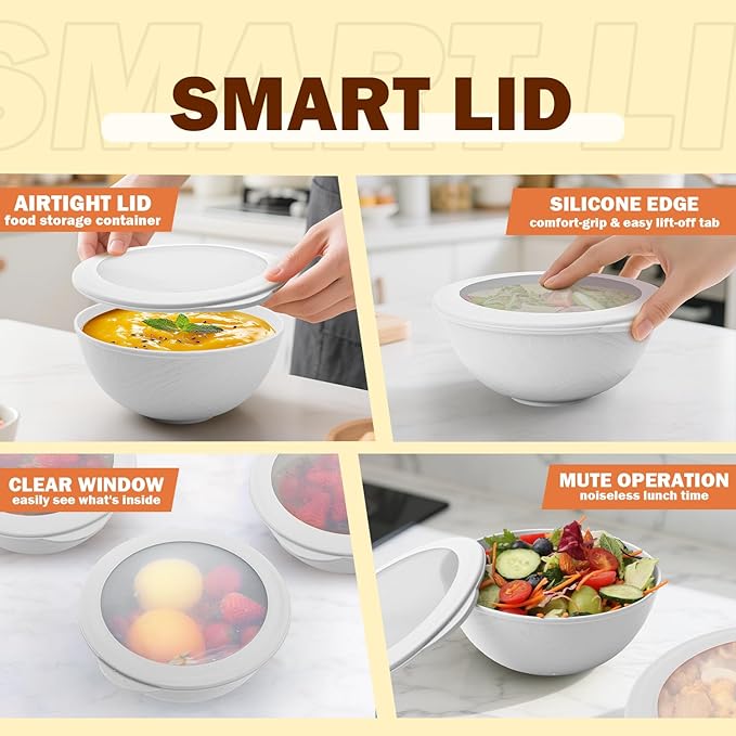 Wheat Straw Bowls Set 40 OZ, Unbreakable Bowls with Dust-Proof Lids Set of 4, Microwave & Dishwasher Safe, Alternative Reusable Plastic Bowl for Cereal, Soup, Salad and Ramen, White