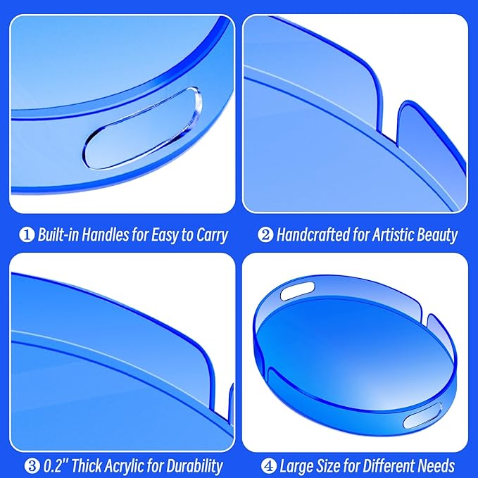 Acrylic Serving Tray with Handles Large Decorative Ottoman Tray 17x13'' Round for Bathroom Food Coffee Fruit Snack Tea Dinner Living Room, Blue