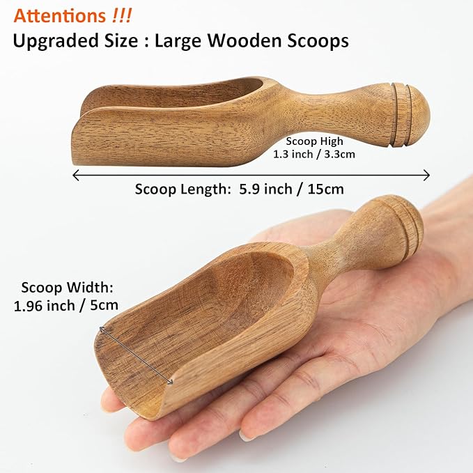 Large Wooden Scoops 5.9″ Big Wooden Coffee Scoops Shovel, 2PCS Wood Flour Scoop for Jars, Acacia Measuring Spoons Ground Coffee for Tea - Multifunctional Kitchen Scoop for Bath Salts,Laundry