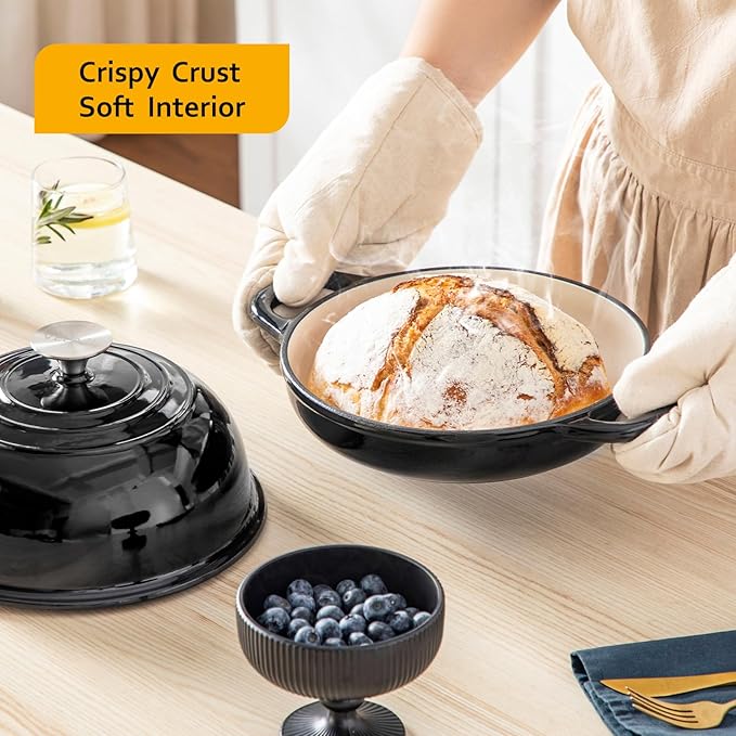 Velaze Enameled Cast Iron Dutch Oven for Bread Baking,5 QT Round Bread Oven Pot with Dome Lid for Sourdough, Roasting,Braising(Black)