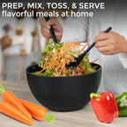 10" Large Salad Bowl with Sealing Lid & Serving Utensils,135Oz, Black Big Bamboo Fiber Salad Serving Bowl with Servers for Mixing/Serving (Silicone Dark Grey Lid)