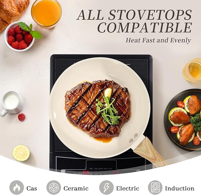 FELAMP Healthy Ceramic Nonstick Cookware Set, 7-Piece PFOA/PFOS/Toxin-Free Pots & Pans Set for Induction & All Stovetops, Dishwasher Safe with Glass Lids，Gift for New Home & Chefs