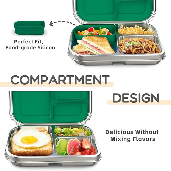 Stainless Steel Kids Leak-Resistant Bento Lunch Box, 3-Compartments with Silicone Container, Dishwasher-Safe, Child-Friendly Design for School, Picnics & Travel,BPA-Free (Green)