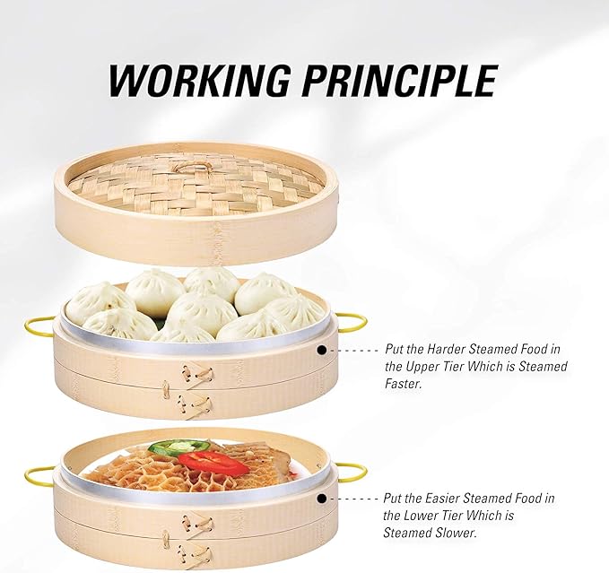 MacaRio Bamboo Steamer Basket Set 10 inch Steamer for Cooking, with Side Handles Chopsticks Ceramic Sauce Dishes Paper Liners, for Dim Sum Dumplings Buns Seafoods Rice Asian Foods
