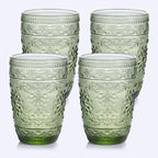14OZ Drinking Glasses Set of 4, Green Drinking Glasses, Colored Glassware Drinking, Highball Beverage Glasses Cup, Vintage Glassware Set for Water, Juice, Cocktail, Coffee
