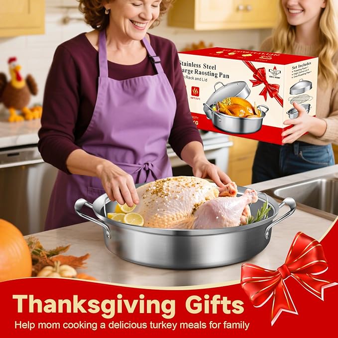Roasting Pan, 21x13x11 Inch, Silver, Rectangular, Stainless Steel, 25LB Capacity, Turkey & Chicken Roaster with Rack and Lid