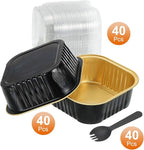 HARFINGTON 40Pack 10oz Disposable Mini Cake Pans with Lids & Spoons Black Gold Aluminum Foil Square Baking Cupcake Dessert Cups Tin for Birthday Party