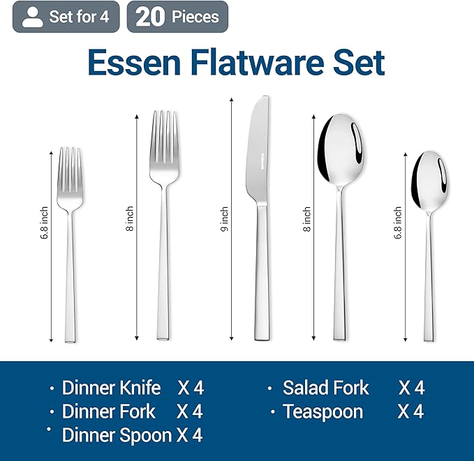 Essen Flatware Set for 4, 20-Piece Silverware Set, Premium 18/10 Stainless Steel Utensils with Mirror Finish, Modern Silverware for Daily Use, Hosting, or Housewarming Gifts