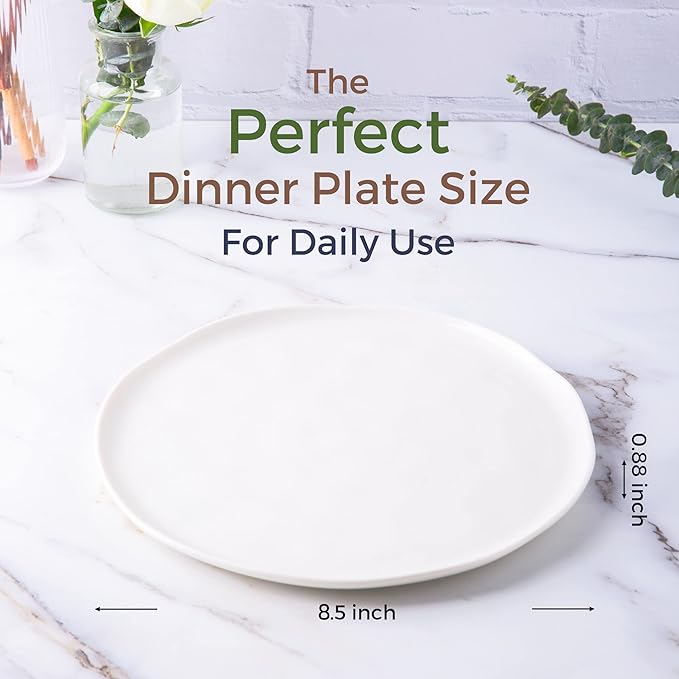 LERATIO Ceramic Plates,8.0 inch Salad Plates Set of 6,Handmade Porcelain Plates for kitchen with Wavy Edge,Microwave & Dishwasher & Oven Safe,Light weight & Scratch Resistant Dishes-White