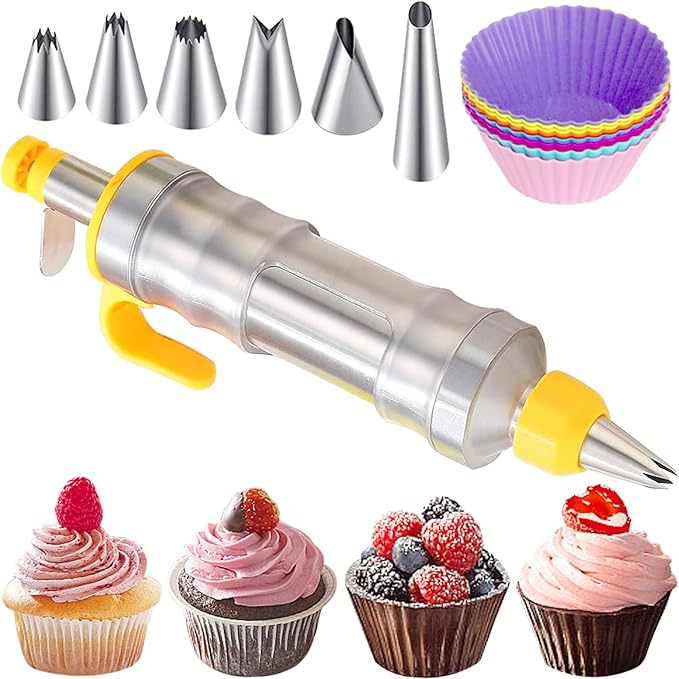 JAYVAR Dessert Decorating Syringe Set, Cake Decorating Kit, Stainless Steels Frosting Piping Kit for Cupcake Decoration with 6 Piping Nozzles, Cake Decorating Gun for Frosting Cream to Make Cupcakes