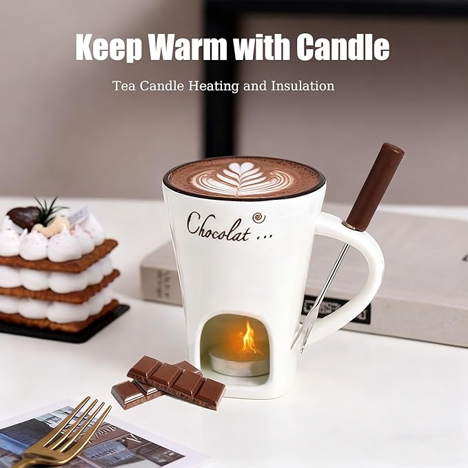 Chocolate Fondue Mug, Fondue Cups Tealight, Chocolate Melting Mug With Candle, Mini Ceramic Chocolates Melting Cup With Forks, Date Night Birthday Wedding Gifts (White)