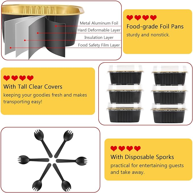 LNYZQUS 5oz/80pack Mini Cake Pans with Lids, Disposable Ramekins Muffin Tins Cupcake Baking Cups,Small Aluminum Foil Brownie Baking Pan Containers Mini Cheesecake Holders-Black
