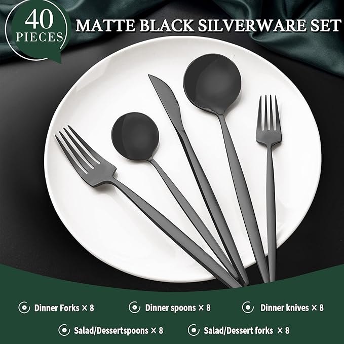 40-Piece Matte Black Silverware Set for 8, CEKEE Stainless Steel Flatware Cutlery Set, Cutlery Kitchen Utensils Set for Home Restaurant Apartment, Include Knife Forks and Spoons Silverware Set