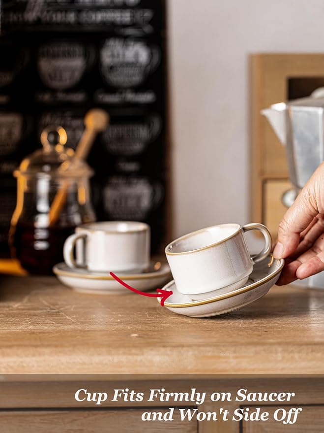 Gomakren 2.5 Ounce Espresso Cups Set of 4, Small Stackable Coffee Cups with Saucers and Metal Stand, Halloween Porcelain Demitasse Cups for Specialty Coffee Drinks, Espresso, Cappuccino, Latte, White