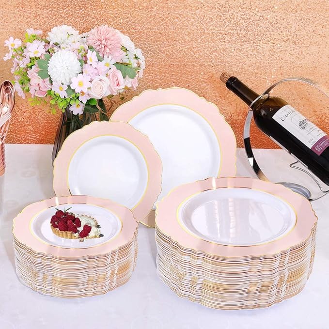 WDF 60pcs Pink Dessert Plates - 7.5inch Baroque Pink &White Disposable Dessert/Salad/Appetizer Small Cute Cake Plates for Upscale Parties &Wedding-Special for Bridal Shower, Brithday, Baby Shower