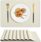MOSAYT Vinyl Placemats Set of 8, Heat Resistant Place Mats 100% Waterproof Washable & Wipeable Faux Leather Reversible Table Mats for Kitchen Dining Party Indoor Outdoor, 12" x 17", Beige