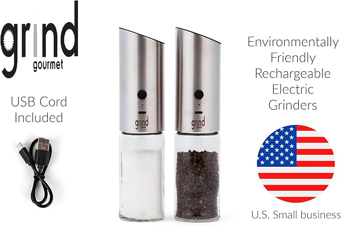 Grind Gourmet Electric Salt and Pepper Grinder Set, USB Rechargeable, Adjustable Coarseness, One-Handed Operation, Stainless Steel and Glass