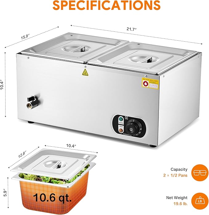 WILPREP Commercial Food Warmer with Two 1/2 Pans, 1500W Countertop Electric Steam Table, 86-185°F Adjustable Temp Control & Over-Temp Protection, Stainless Steel Buffet Bain Marie