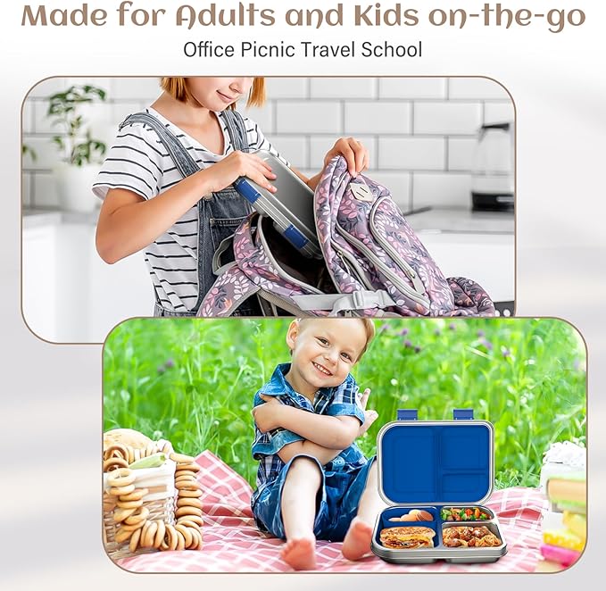 Stainless Steel Bento Box Kids, 3 Compartments Leak Proof Metal Bento Lunch Box, 304 Stainless Steel Bento Lunch Containers for School and Office,Dishwasher Safe, BPA-Free-Blue