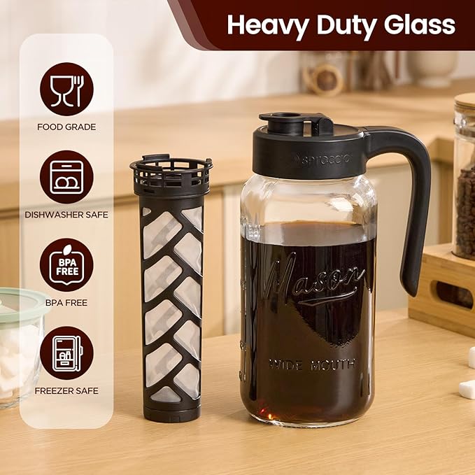 Cold Brew Coffee Maker Glass, Airtight & Leakproof Mason Jar Pitcher with Cold Brew Filter, 64 oz Glass Pitcher with Lid for Iced Coffee, Lemonade, Ice Tea