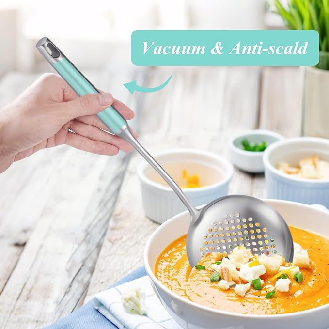 Slotted Spoon, Stainless Steel Strainer Metal Skimmer Spoon for Cooking, Long Handle Food Strainer, Kitchen Utensil Large Fryer Scoop Spoon with Holes for Draining Stirring Serving Frying