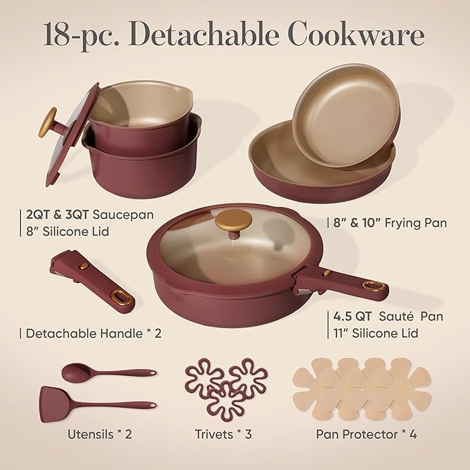 CAROTE 18Pcs Titanium Reinforced Nonstick Pots and Pans Set, Nonstick Cookware Set with Detachable Handle, Induction Kitchen Cookware Sets Removable Handles, Dishwasher Safe, Oven Safe, Red