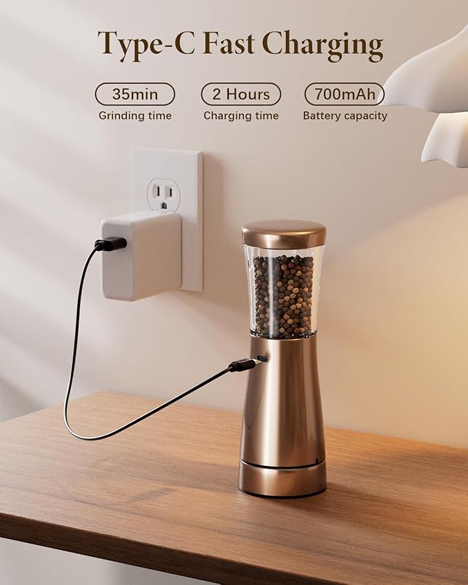 Electric Salt and Pepper Grinder Set Rechargeable, Electric Pepper Grinder with Adjustable Coarseness, 4.5oz Large Capacity, 1.8" Wide-Mouth & Storage Base, One-Hand Operation Kitchen Gadgets