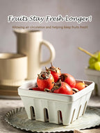 Gomakren Fruit Bowl with Holes, Ceramic Berry Basket Set of 2, 5.7 Inch Square Fruit Basket for Kitchen, Berry Containers Colander - Farmhouse Kitchen Decor, White