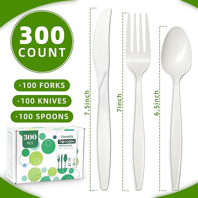 Ivory White Compostable Silverware, 300 Count Compostable Utensils, Plastic Forks Spoons Knives,No Plastic Utensil, Eco Friendly Disposable Silverware for Party Office Wedding