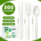 Ivory White Compostable Silverware, 300 Count Compostable Utensils, Plastic Forks Spoons Knives,No Plastic Utensil, Eco Friendly Disposable Silverware for Party Office Wedding