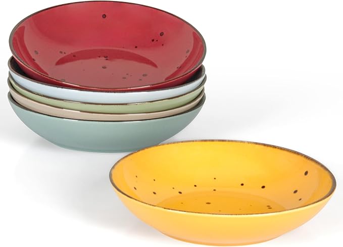 Esfour 8 Inch Porcelain Pasta Bowl, 16 Ounces Salad Bowls, Microwave & Dishwasher Safe, Sturdy & Stackable, Set of 6 Ceramic bowls Plates Set, Wide Shallow salad Bowls Set, Vivid Assorted Colors