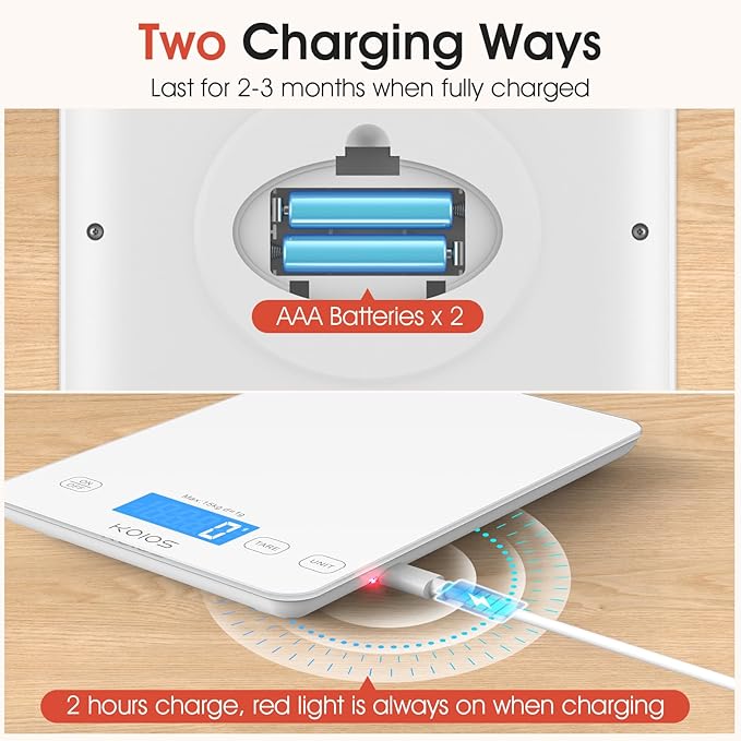 KOIOS Kitchen Scale, 33lb/15kg Digital Food Scales Weight in Grams and Ounces for Cooking Baking, 1g/0.1oz Precise Graduation, Batteries and Type-C Charging, Tare Function, LCD Display, White