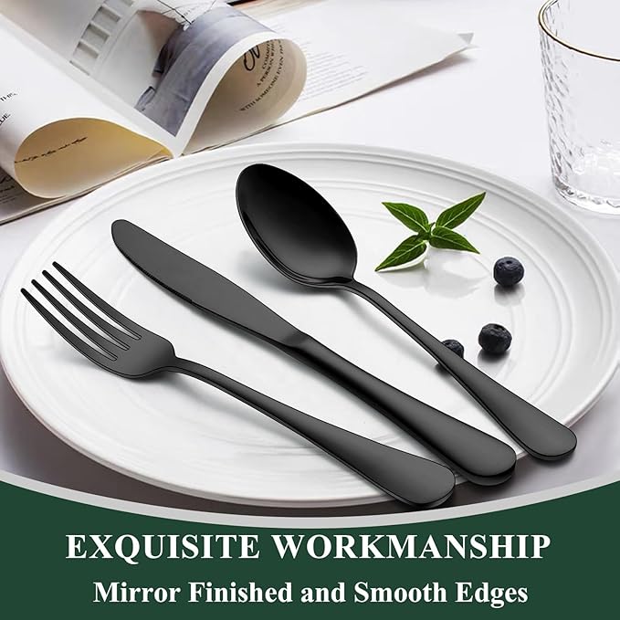 Wildone 20-Piece Black Silverware Set, Stainless Steel Flatware Cutlery Set Service for 4, Tableware Eating Utensils Include Knives/Forks/Spoons, Mirror Polished, Dishwasher Safe