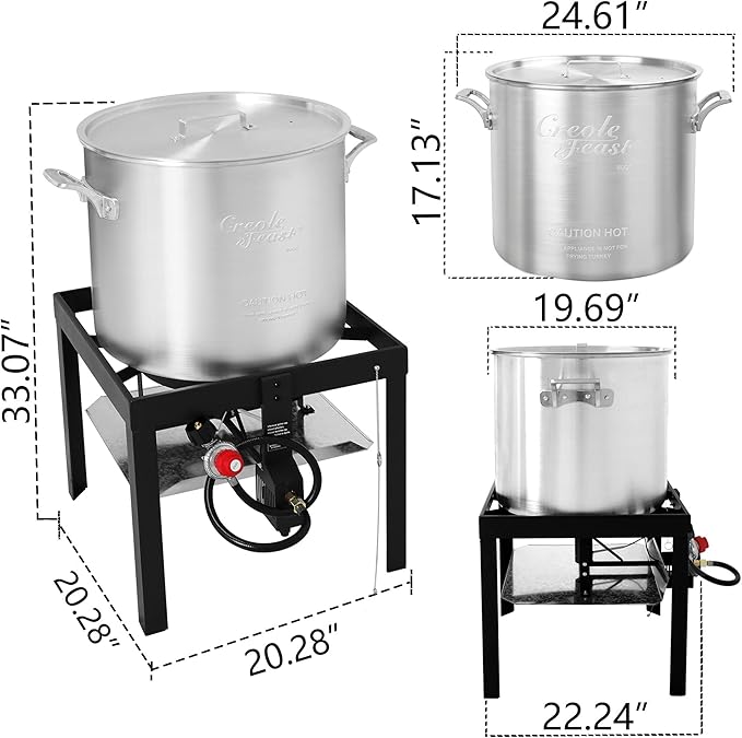 Creole Feast SBK0801 80 Qt Seafood Boiling Kit with Strainer, Outdoor Seafood Boil Pot and Basket with 100,000 BTUs Propane Burner and 10 PSI Regulator, Black & Silver