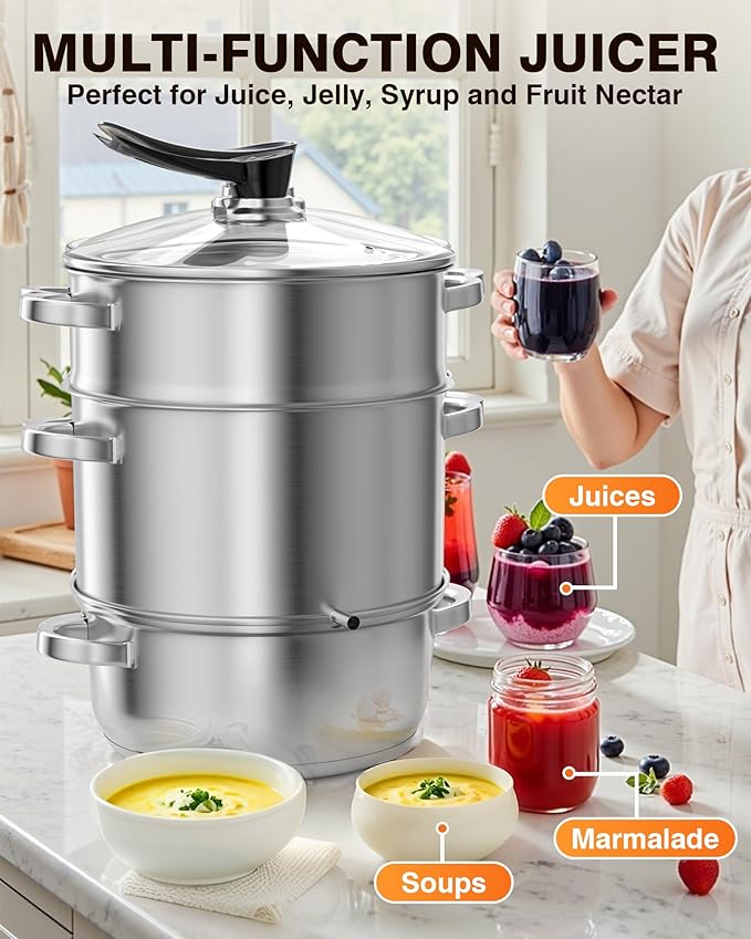 PYY Steam Juicer Extractor - 11QT Fruit Vegetables Steam Juicer for Canning, 3-Layer Stainless Steel with Tempered Glass Lid, Hose, Jelly, Syrup, Clamp Steamer Extractor for Making Juice
