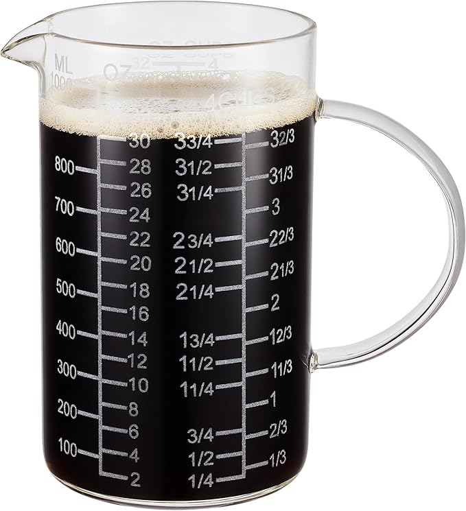 Ackers Mirror Etching Scale Glass Measuring Cup-[Insulated handle | V-Shaped Spout]-Made of High Borosilicate Glass Measuring Cup for Kitchen or Restaurant, Easy to Read, 1000 ML (32 Oz, 4 Cup)