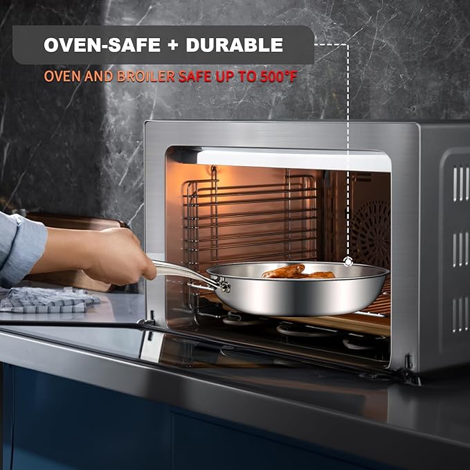 EWFEN 12 Inch Tri-Ply Stainless Steel Frying Pan, Skillet, Induction Cooking Pan, Dishwasher and Oven Safe, Fast & Even Heat, Heavy Duty and Detachable Handle