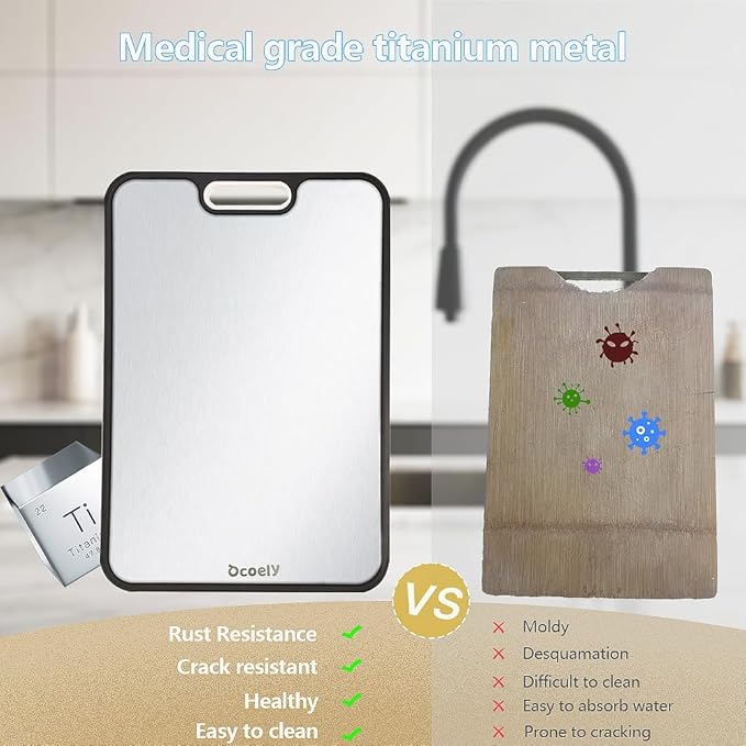 Titanium Cutting Boards for Kitchen – Dual-Sided Solid Titanium & Wheat Straw PP, Large Food-Safe Cutting Board with Juice Groove & Garlic Grinder for Meat, Veggies, Commercial or Home Use, 15”×11”
