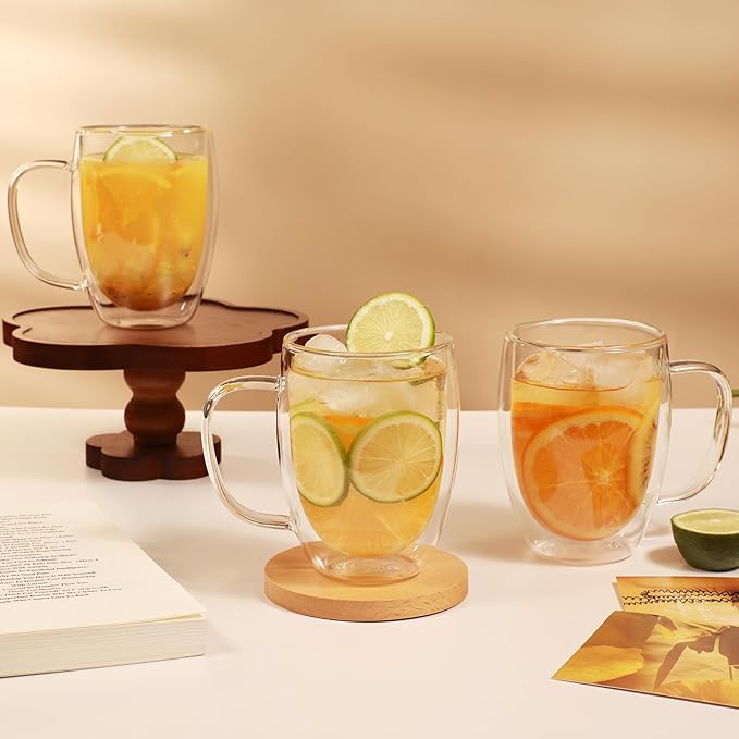 CNGLASS 6 Pack Double Walled Glass Coffee Mugs，12oz Clear Coffee Cups with Handle，Insulated Glass Espresso Mugs for Latte,Cappuccino,Tea