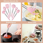 E-far Silicone Cooking Utensils Set, 7 Pcs Heat Resistant Kitchen Utensils with Stainless Steel Handle, Slotted Turner, Spoon, Soup Ladle, Pasta Server, Skimmer, Tongs for Nonstick Cookware, Pink