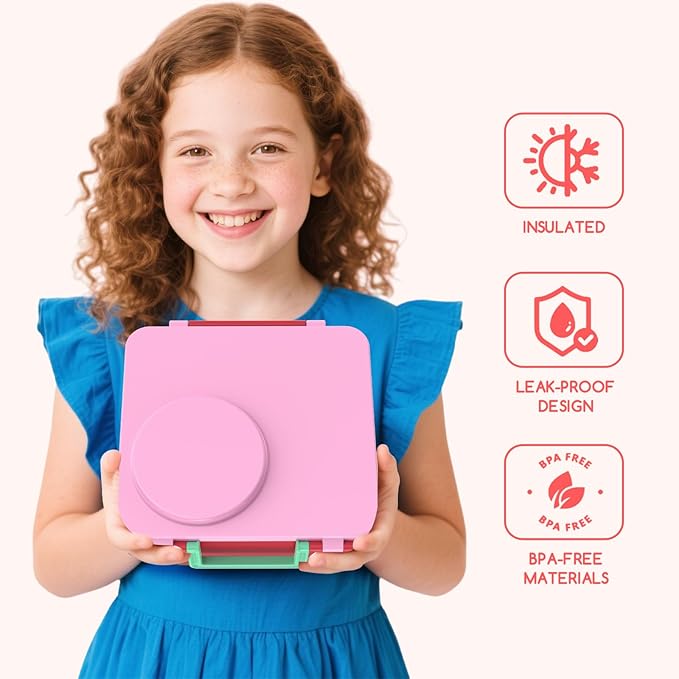 Bento Box for Kids - Leak-Proof Lunch Box with Insulated Thermos Food Jar - 4 Compartments, 1 Removable Divider, 1Spoon, 1 Fork - Dishwasher Safe, BPA-Free (Pink)