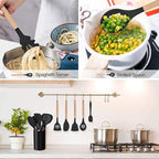 LIANYU 15-Piece Kitchen Silicone Cooking Utensils Set with Holder, Wooden Handle Kitchen Tools Include Spatula Tong Slotted Spoon Turner Whisk Brush, Black