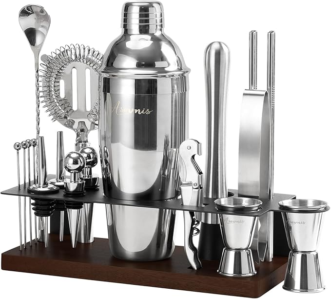 23-Piece Bartender Kit, Cocktail Shaker Set with Stand | Bar Drink Mixer Set with All Essential Bar Tools: Martini Shaker, Jigger, Strainer, Spoon, Muddler, Pourers, for Home, Bar, Party