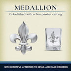Heritage Pewter Fleur de Lis Square Shot Glass | Hand-Sculpted 1.5 Ounce Shot Glass | Intricately Crafted Metal Pewter Inlay