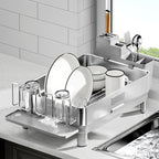 Dish Drying Rack, 304 Stainless Steel Dish Racks for Kitchen Counter, Dish Drainers with Automatic Drainage, Utensil Holder & Cups Holder, Space Saving Kitchen Organizer, Gray